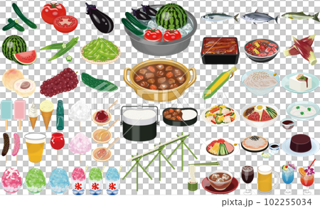 夏の食べ物・料理のイラスト①(カレーライス、流しそうめん、かき氷、すいか、夏野菜) 夏の食べ物・料理のイラスト①(カレーライス、流しそうめん、かき氷、すいか、夏野菜) 102255034