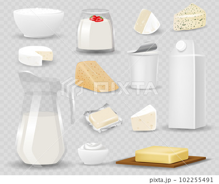 Dairy products isolated on realistic style vector illustration. Different natural milk drinks and food, 3d packaging with blank label, yogurt, butter and cheese 102255491