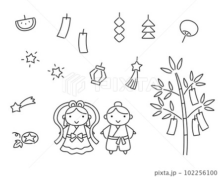 シンプルな七夕のイラストセット(線画) シンプルな七夕のイラストセット(線画) 102256100