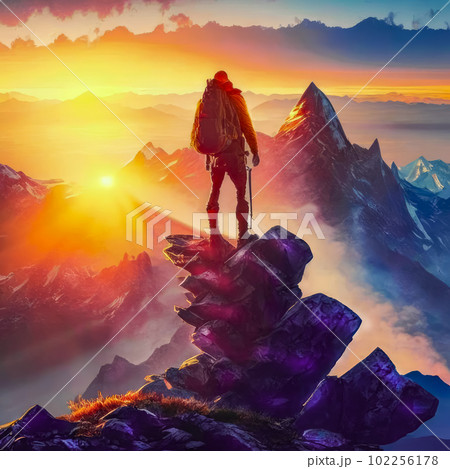 The traveler stands on the top of the mountain and looks at the sunrise. The traveler stands on the top of the mountain and looks at the sunrise. 102256178