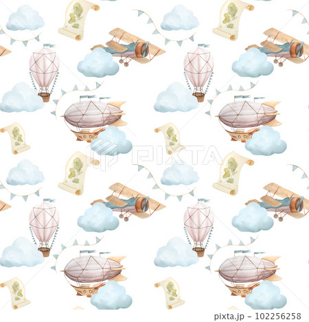Watercolor seamless pattern with vintage cute fairy tale cartoon clouds, retro plane, hot air baloon, aerostat and blue flags, map on white background 102256258