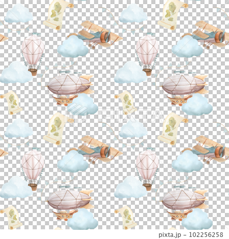 Watercolor seamless pattern with vintage cute fairy tale cartoon clouds, retro plane, hot air baloon, aerostat and blue flags, map on white background Watercolor seamless pattern with vintage cute fairy tale cartoon clouds, retro plane, hot air baloon, aerostat and blue flags, map on white background 102256258