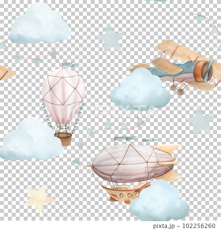 Watercolor seamless pattern with vintage cute fairy tale cartoon clouds, retro plane, hot air baloon, aerostat and blue flags, stars on white background 102256260