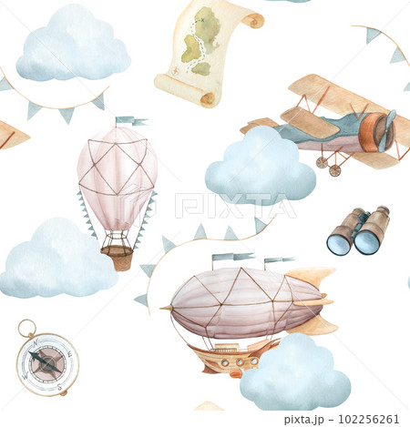 Watercolor seamless pattern with vintage cute fairy tale cartoon clouds, retro plane, hot air baloon, aerostat and blue flags, binoculars, compass, map, and yellow stars on white background 102256261
