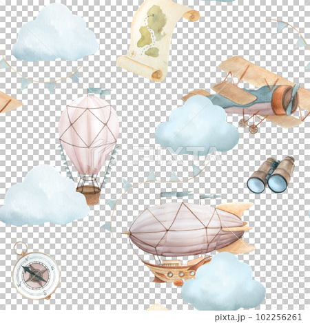 Watercolor seamless pattern with vintage cute fairy tale cartoon clouds, retro plane, hot air baloon, aerostat and blue flags, binoculars, compass, map, and yellow stars on white background 102256261