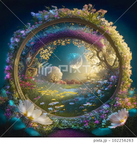 Magical meadow with spring flowering trees. Round frame with copy space Magical meadow with spring flowering trees. Round frame with copy space 102256263