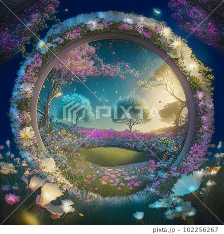 Magical meadow with spring flowering trees. Round frame with copy space Magical meadow with spring flowering trees. Round frame with copy space 102256267