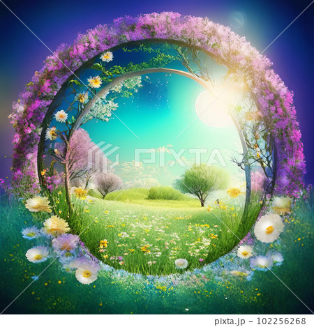 Magical meadow with spring flowering trees. Round frame with copy space Magical meadow with spring flowering trees. Round frame with copy space 102256268