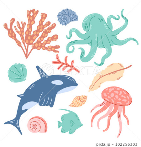 Square background with marine animals and plants. Bright illustration of killer whale, octopus, jellyfish and shells with algae. Square background with marine animals and plants. Bright illustration of killer whale, octopus, jellyfish and shells with algae. 102256303