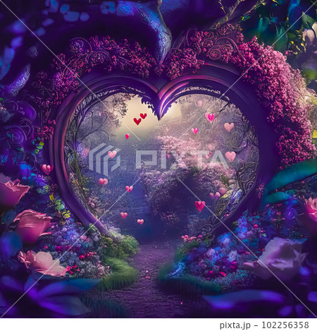 Fantasy romantic background with rose garden and flower arch. Generative AI 102256358