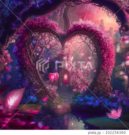Fantasy romantic background with rose garden and flower arch. Generative AI Fantasy romantic background with rose garden and flower arch. Generative AI 102256360