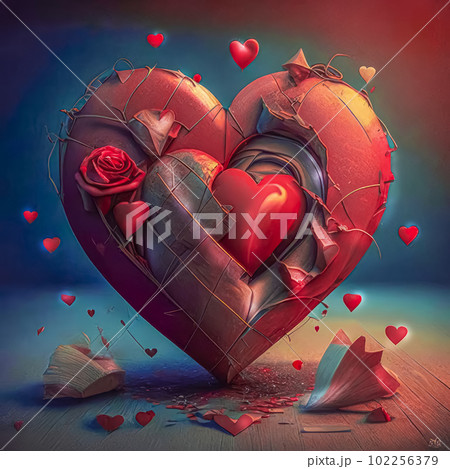 Image of a stylized heart, emotions, love, broken heart. Generative AI 102256379