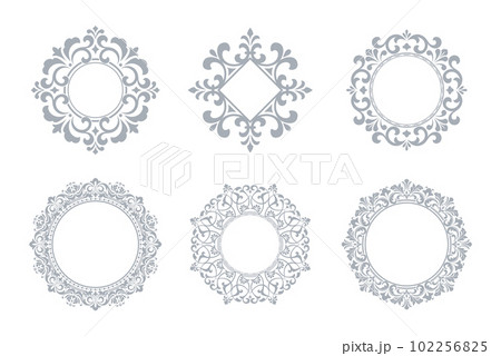 Set of decorative frames Elegant vector element for design in Eastern style, place for text. Floral gray and white borders. Lace illustration for invitations and greeting cards 102256825