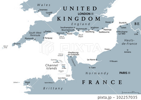 English Channel, gray political map. British Channel, arm of Atlantic Ocean, separates Southern England from northern France, link to North Sea by Strait of Dover. Busiest shipping area in the world. 102257035