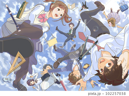 見上げた空_降ってきた新入生たちが文房具にまみれて通学する新生活_キャラ有 102257038