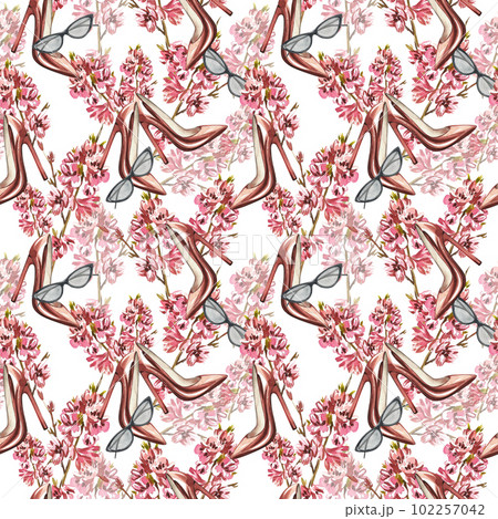 Seamless pattern pair of shoes with high heels, sunglasses, flowers isolated on white. Watercolor hand draw illustration 102257042