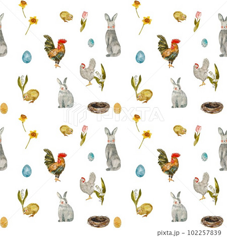 Rooster chick rabbit tulip nest pattern watercolor Rooster chick rabbit tulip nest pattern watercolor 102257839