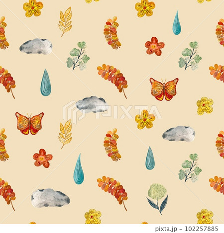 Flower butterfly drop cloud textured beige pattern 102257885