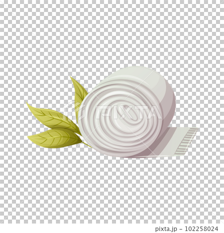Rolled up bath towel. Side view. Twig with green leaves. The concept of spa, relaxation. Cartoon 102258024
