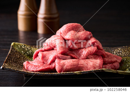 皿に盛り付けたアメリカ産牛タンスライス 500g 皿に盛り付けたアメリカ産牛タンスライス 500g 102258046