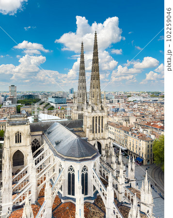 Aerial cityscape view on the old town of Bordeaux city with st Andrew cathedral during a sunny day 102259046