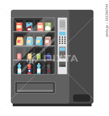 Realistic black vending machine with steel body and electronic control panel on white background Realistic black vending machine with steel body and electronic control panel on white background 102260744