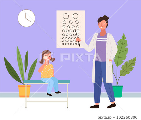 The optometrist checks eyesight of a little girl. The patient looks at the table for a vision test The optometrist checks eyesight of a little girl. The patient looks at the table for a vision test 102260800