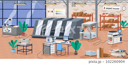 Printing house facility offset production line industrial equipment isometric vector illustration 102260904