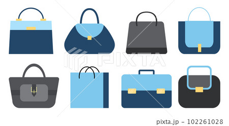 Collection of modern stylish fashionable woman bags in blue and grey colors, set with handbags Collection of modern stylish fashionable woman bags in blue and grey colors, set with handbags 102261028