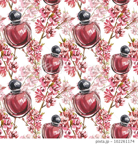 Seamless pattern glass perfume bottle with branch pink flowers isolated on white. Watercolor hand drawing illustration Seamless pattern glass perfume bottle with branch pink flowers isolated on white. Watercolor hand drawing illustration 102261174