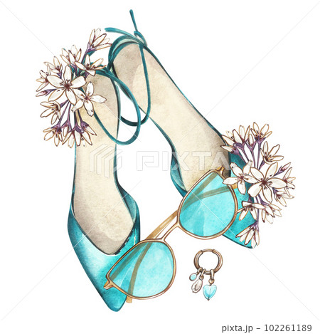 Mint pair of shoes, sunglasses, earring, flowers isolated on white. Watercolor hand drawing illustration. Art for design 102261189