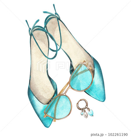 Mint pair of shoes, sunglasses, earring isolated on white background. Watercolor hand drawn illustration. Art for design 102261190