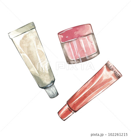 Set tube and jar of cream skincare and face care isolated on white. Watercolor hand drawing illustration. Art for design Set tube and jar of cream skincare and face care isolated on white. Watercolor hand drawing illustration. Art for design 102261215
