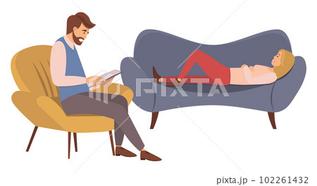 At the reception of a psychotherapist. A woman is lying on a couch in a psychologist s office. 102261432