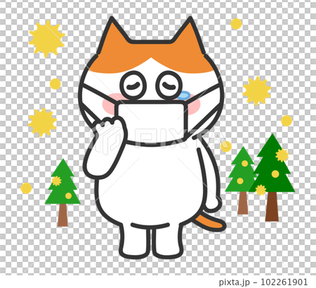 一隻有花粉熱症狀的棕白色貓的擬人化插圖 一隻有花粉熱症狀的棕白色貓的擬人化插圖 102261901