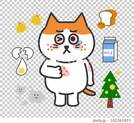 Anthropomorphic illustration of a brown-white cat with severe allergic symptoms 102261933