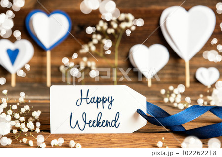 Label With White Decoration, Heart, Flower, Text Happy Weekend 102262218