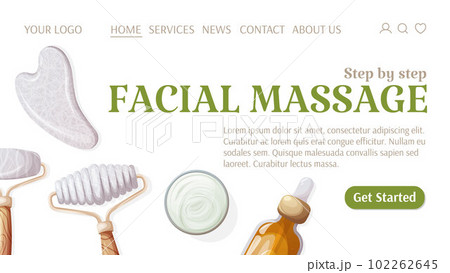 Facial massage template for website. Gua sha scraper and rollers, oil serum, cream. Love your skin. Health and beauty. Vector illustration. For banner, poster, advertising. 102262645