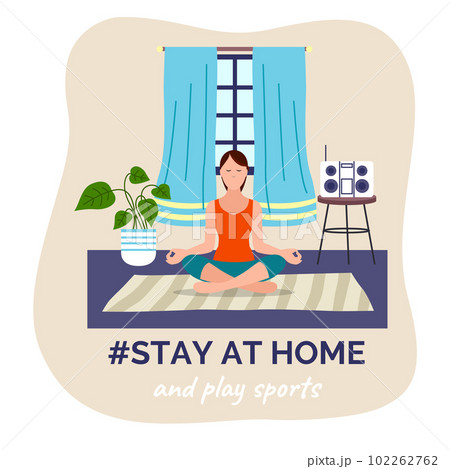 Stay at home and play sports, meditating, woman in lotus pose practicing yoga exercise, listen music Stay at home and play sports, meditating, woman in lotus pose practicing yoga exercise, listen music 102262762