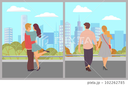 Two young couples are walking in the street. Hugging people. Young Caucasian people or lovers 102262785