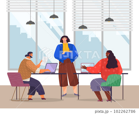 Businesspeople talking and working together in office. Staff or partners communicating concept Businesspeople talking and working together in office. Staff or partners communicating concept 102262786