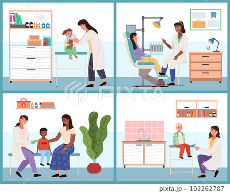 A set of illustrations on the topic of diagnosis of diseases in children. Doctor examines patients 102262787
