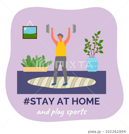 Stay at home and play sports, man doing strenght exercises for hand muscles with barbell, sport time Stay at home and play sports, man doing strenght exercises for hand muscles with barbell, sport time 102262804