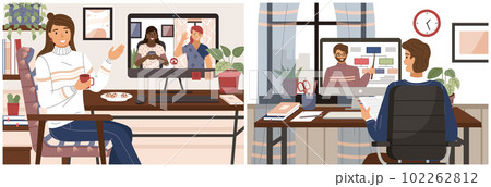 Friends talking to each other via video call, online conference. A man watching online courses 102262812