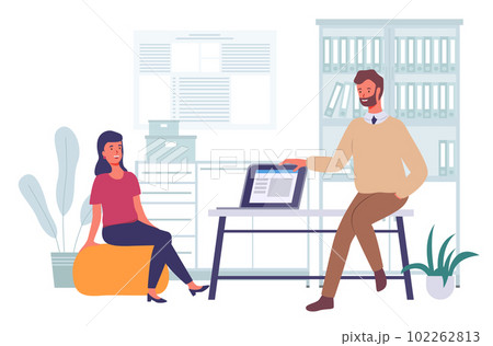 Businessmen dressed in formal clothes are sitting in office room with laptop and talking 102262813