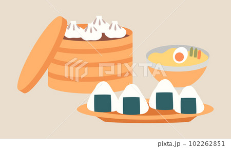 Oriental cuisine dishes vector illustration. Japanese food emblem isolated on a white background Oriental cuisine dishes vector illustration. Japanese food emblem isolated on a white background 102262851
