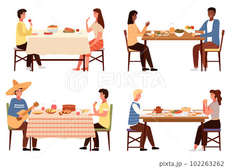 Set of illustrations on the theme of eating national dishes. Couples in folk costumes have dinner 102263262