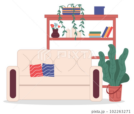 Cozy interior of room at home, comfortable beige sofa with pillows, houseplant, rack with decoration Cozy interior of room at home, comfortable beige sofa with pillows, houseplant, rack with decoration 102263271