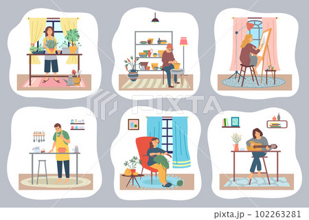 Self isolation, stay at home concept, people sitting at their apartment and doing what they love Self isolation, stay at home concept, people sitting at their apartment and doing what they love 102263281