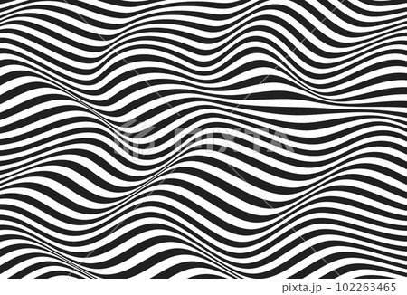 Wave of optical illusion. Abstract black and white illustrations. Horizontal lines stripes pattern or background with wavy distortion effect. 102263465